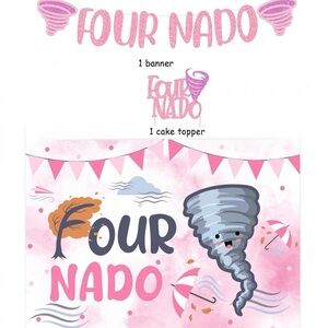Pink 'Four Nado' Birthday Banner, Birthday Backdrop & Cake Topper Set for Girls